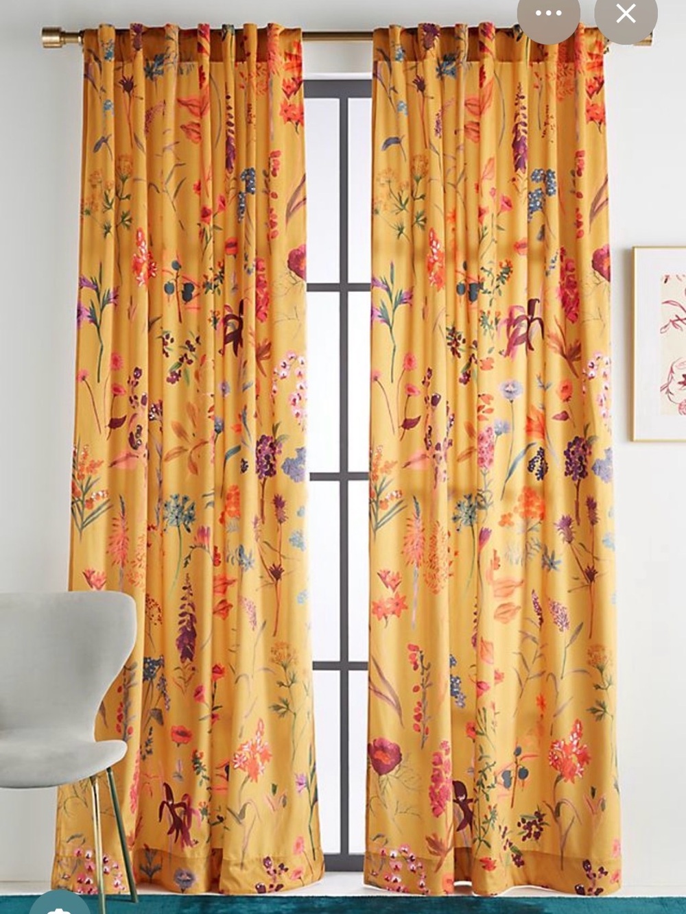 Anthropologie Layne Floral Print Window Curtains in Mustard Yellow 108”